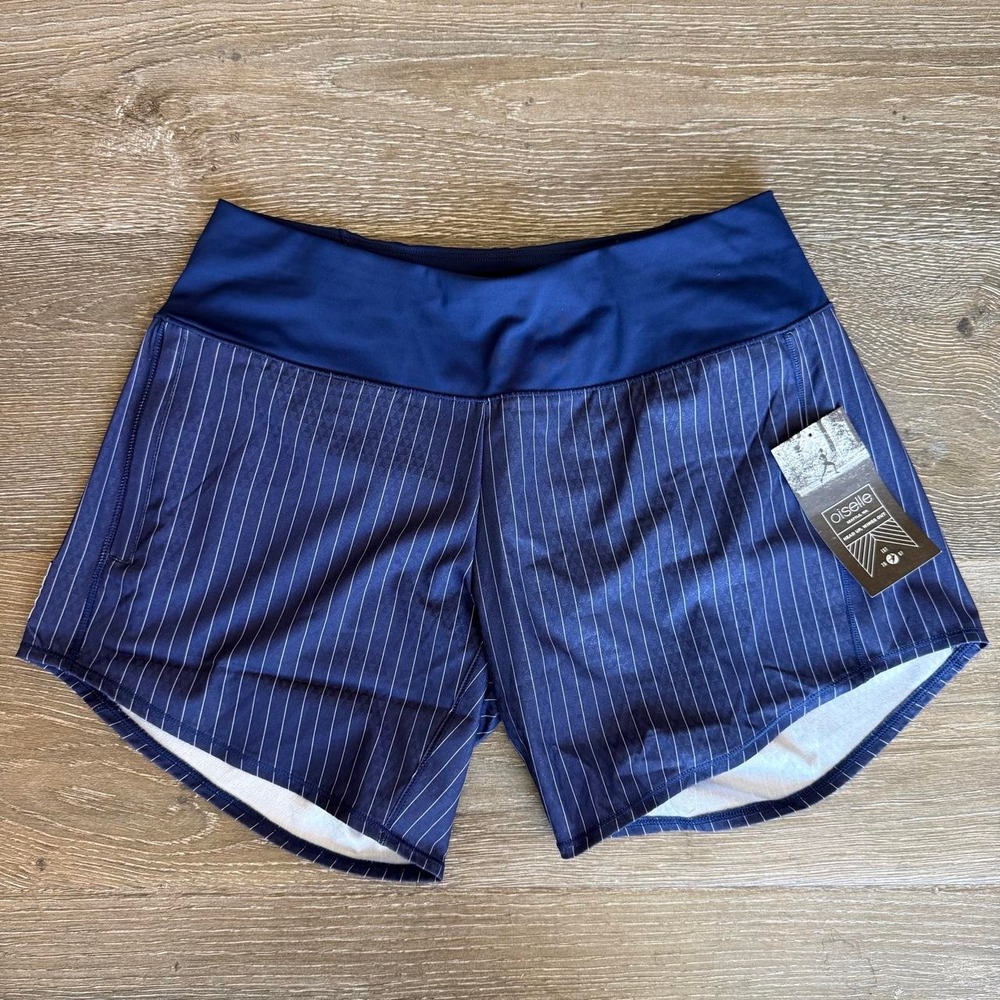 Oiselle Women's Long Roga Shorts Blue White Grounded Pinstripe Size 6